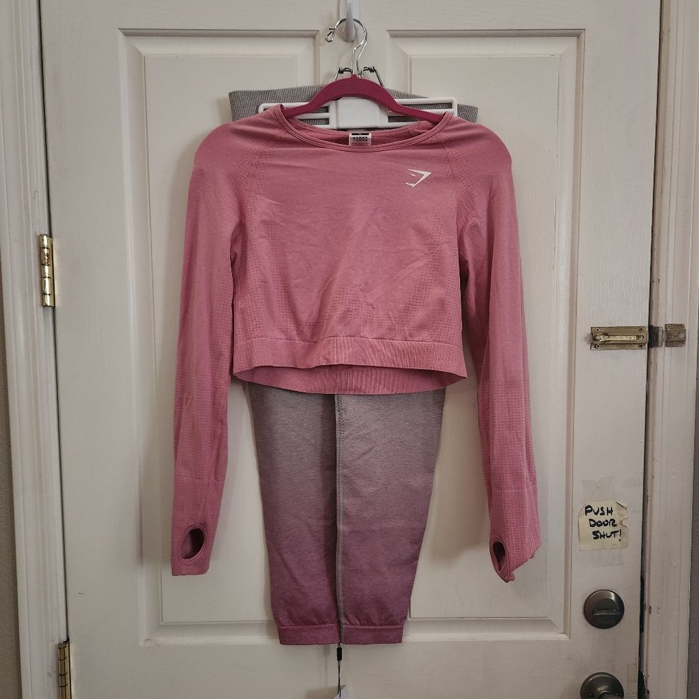 Women's Gymshark Set Leggings Long Sleeve Crop XL NWT Grey Marl Shell Pink